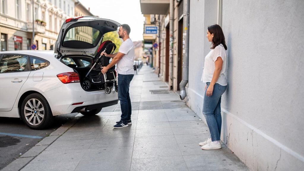 Porodično putovanje u Beograd: saveti za lakše kretanje sa decom muskarac-kolica-auto-prtljaznik