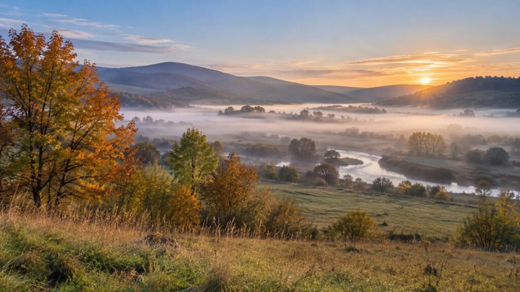 Ilustracija jesenje magle nad dolinom i rekom u rano jutro