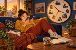 Osoba na kauču gleda telefon dok se kafa hladi i popodne prolazi — AI ilustracija.